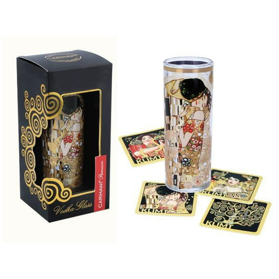 G.Klimt Art Whiskey Shot Glasses Set with 4 Mini Coaster, Round Glass for Fun Party and Game - 2oz Shot Glass and 4 Mini Coaster, The Kiss, G.Klimt