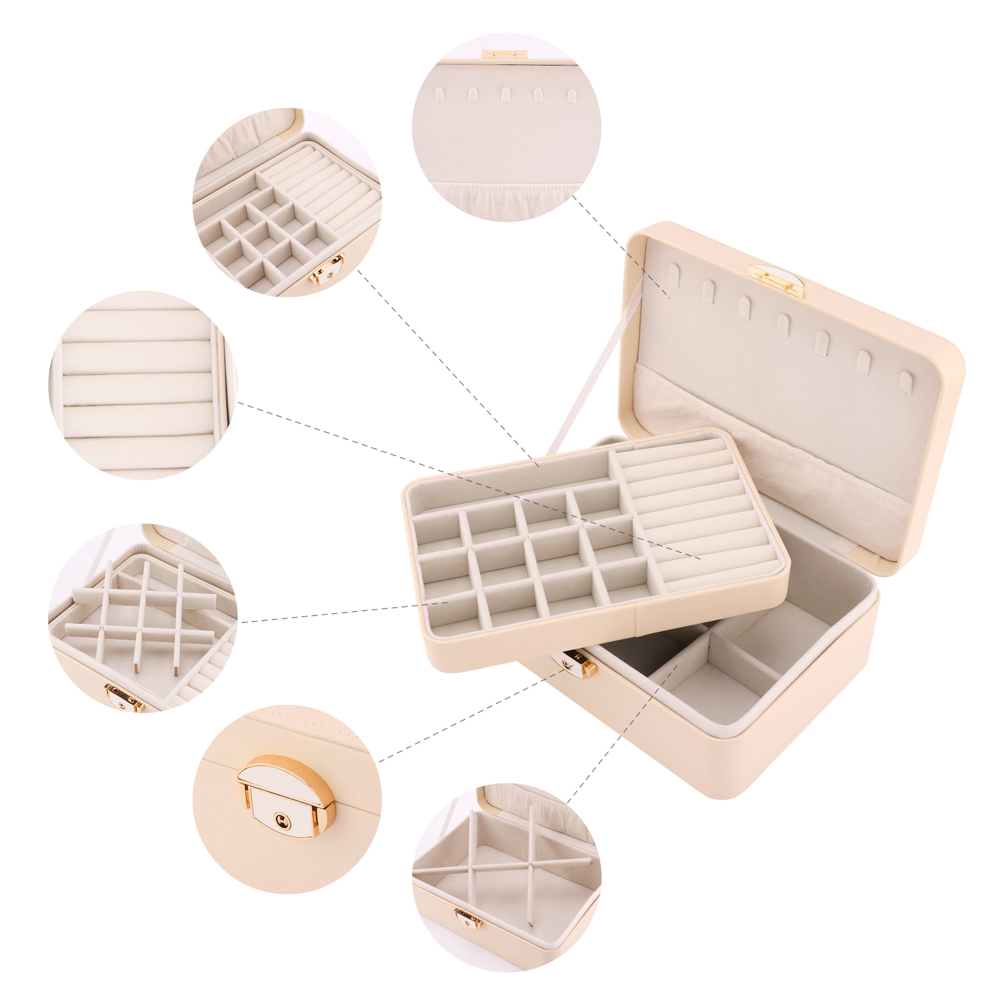 Unique Bargains 2 Layer PU Leather Jewelry Box Organizer Holder for Women Beige