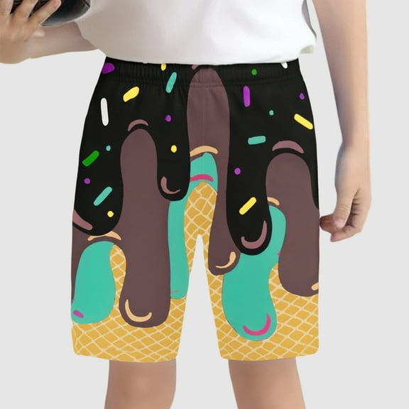 Summer Children's Boys' Stretch Waist Colorful Ice Cute Pattern Casual Baseball Shorts Five Pair Pants Trendy Boys Shorts Brown 7-8 Years