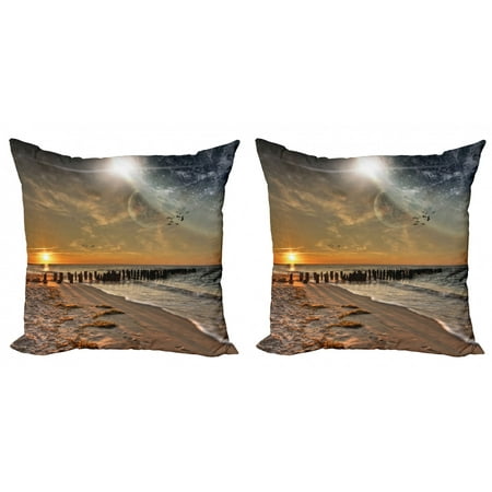 Space Throw Pillow Cushion Cover Pack of 2, Solar Eclipse on Beach Ocean with Horizon Sun Moon Globe Gulls Flying View, Zippered Double-Side Digital Print, 4 Sizes, Cream Orange, by