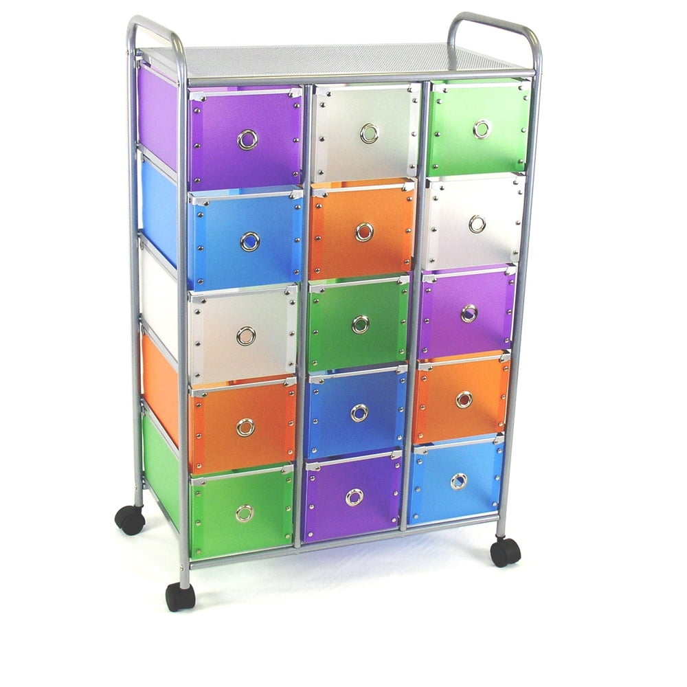 15 Drawer Rolling Storage (10 slim, 15 med drawers) w/ Circular Handles