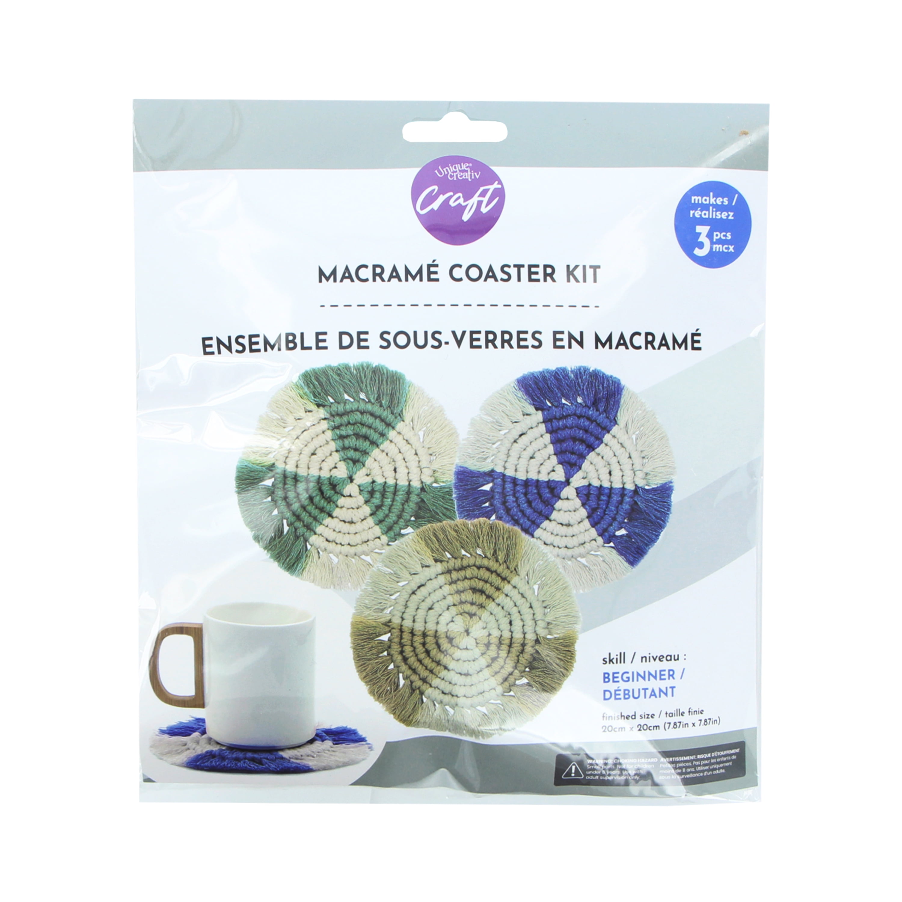 UNIQUE CREATIV CRAFT Macramé Coaster Kit – Multi-Colour, 3 pcs, Age 8+, Beginner, 15.5 cm, MACRAMECOASTER PATTN