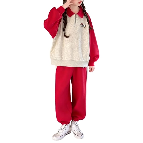 Girls Sweatpants Set 2 Piece Outfits Quarter Zip Lapel Collar Pullover Kids Sweatshirt Teen Sweatpants Athletic Clothing Set