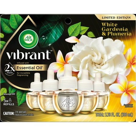 Air Wick Vibrant Plug-In Scented Oil Air Freshener Warmer Refills, White Gardenia and Plumeria, 5 Count
