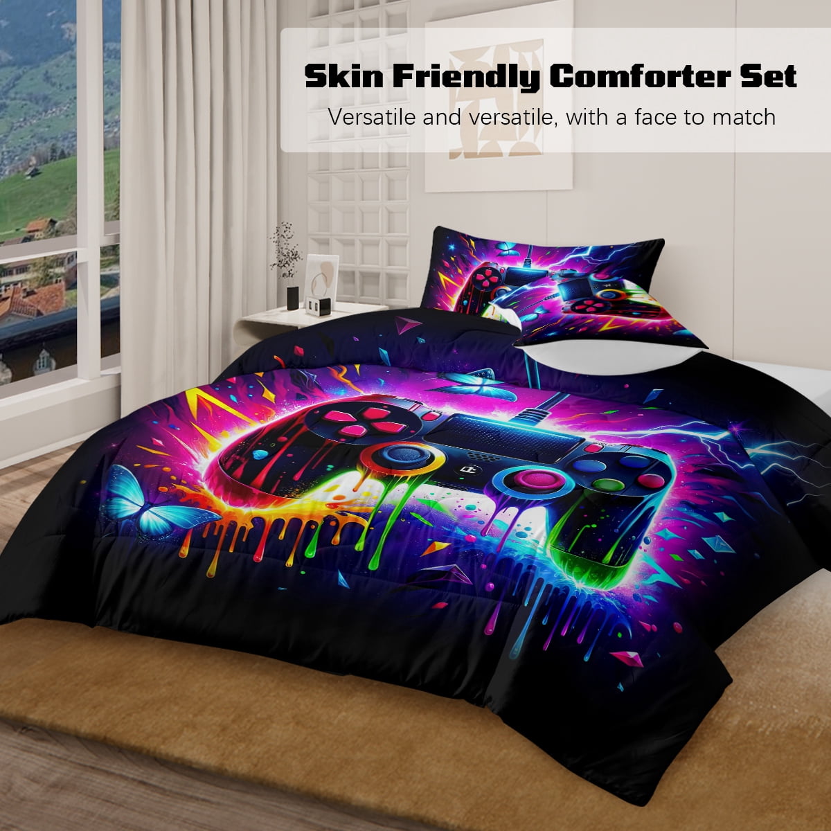 BlessLiving 3Pcs Game Controller Comforter Set Queen Size Gaming Bedding Set for Kids Boys Gamer, Multicolor