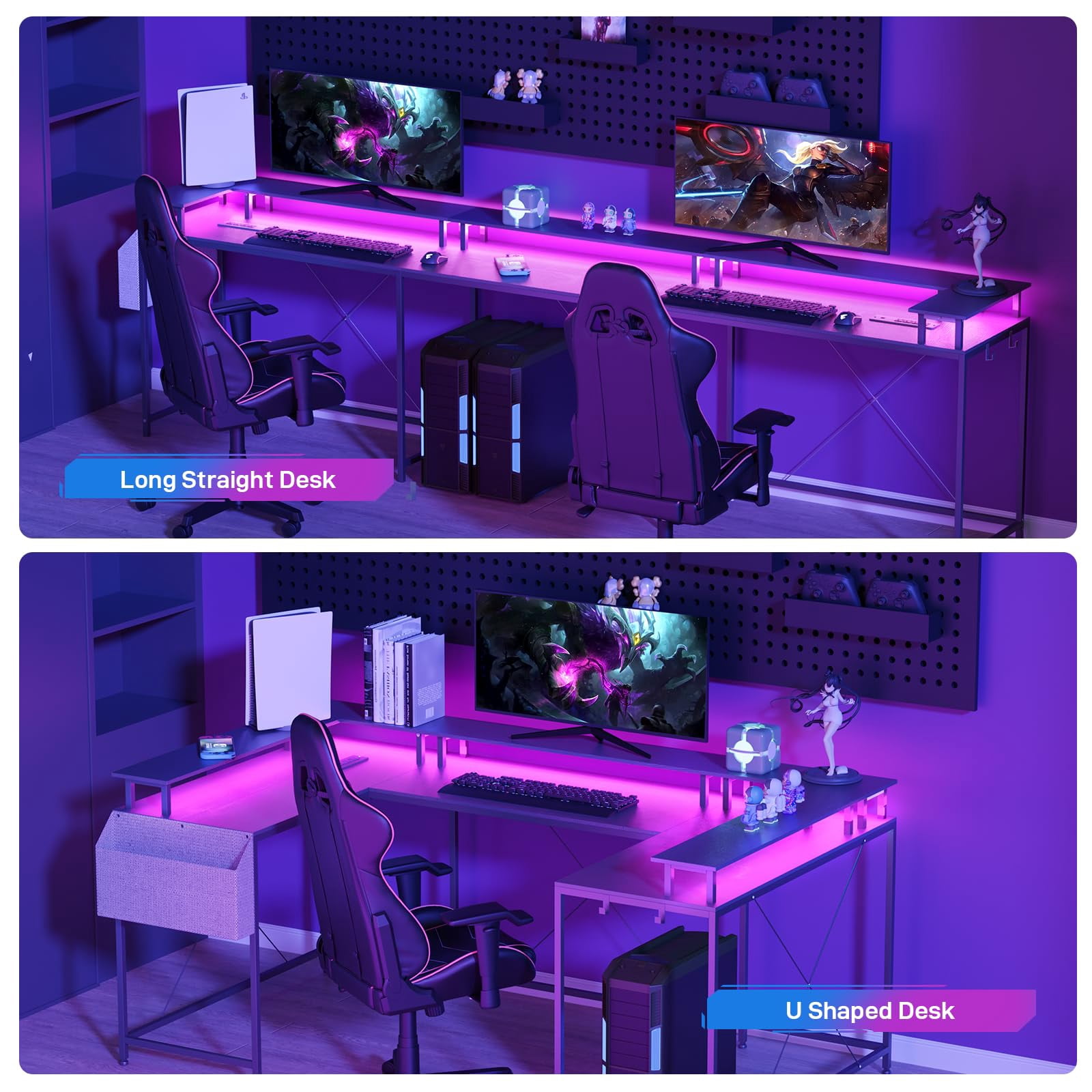 KOKEBREN 78.8" U Shaped Computer Desk, Reversible L Shaped Desk with Power Outlets, LED Lights, Monitor Stand & Storage Shelves, Corner Office Desk for Gaming - Black
