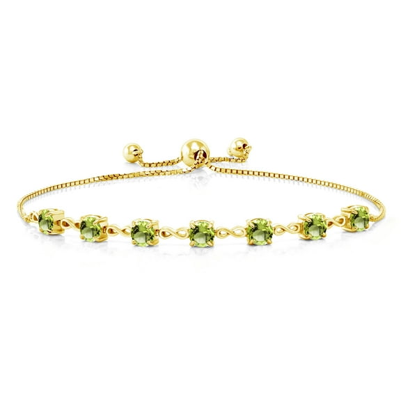 Gem Stone King 18K Yellow Gold Plated Silver Green Peridot Infinity Tennis Bracelet for Women (3.15 Cttw, Gemstone August Birthstone, Round 4.5MM, Fully Adjustable up to 9 inch)
