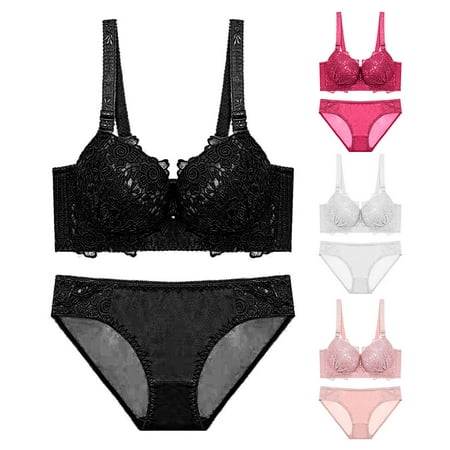 

rygai 2 Pcs/Set Women Bra Panties Set Padded Flower Embroidery Lace Solid Color with Wire Support Breast Thicken Gather Bra Briefs Suit for Daily Wear Pink 32B