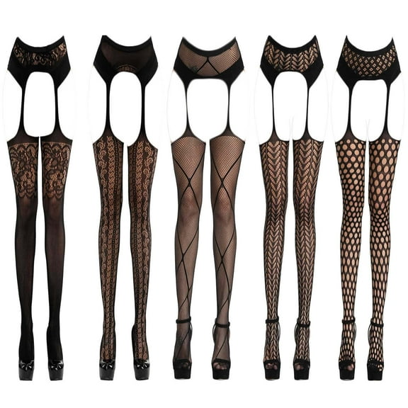 Women's 5 Styles Pack Stockings Stretch Black Fashion Thigh High Tights Fishnet Lingerie Gift for Girlfriend Wife