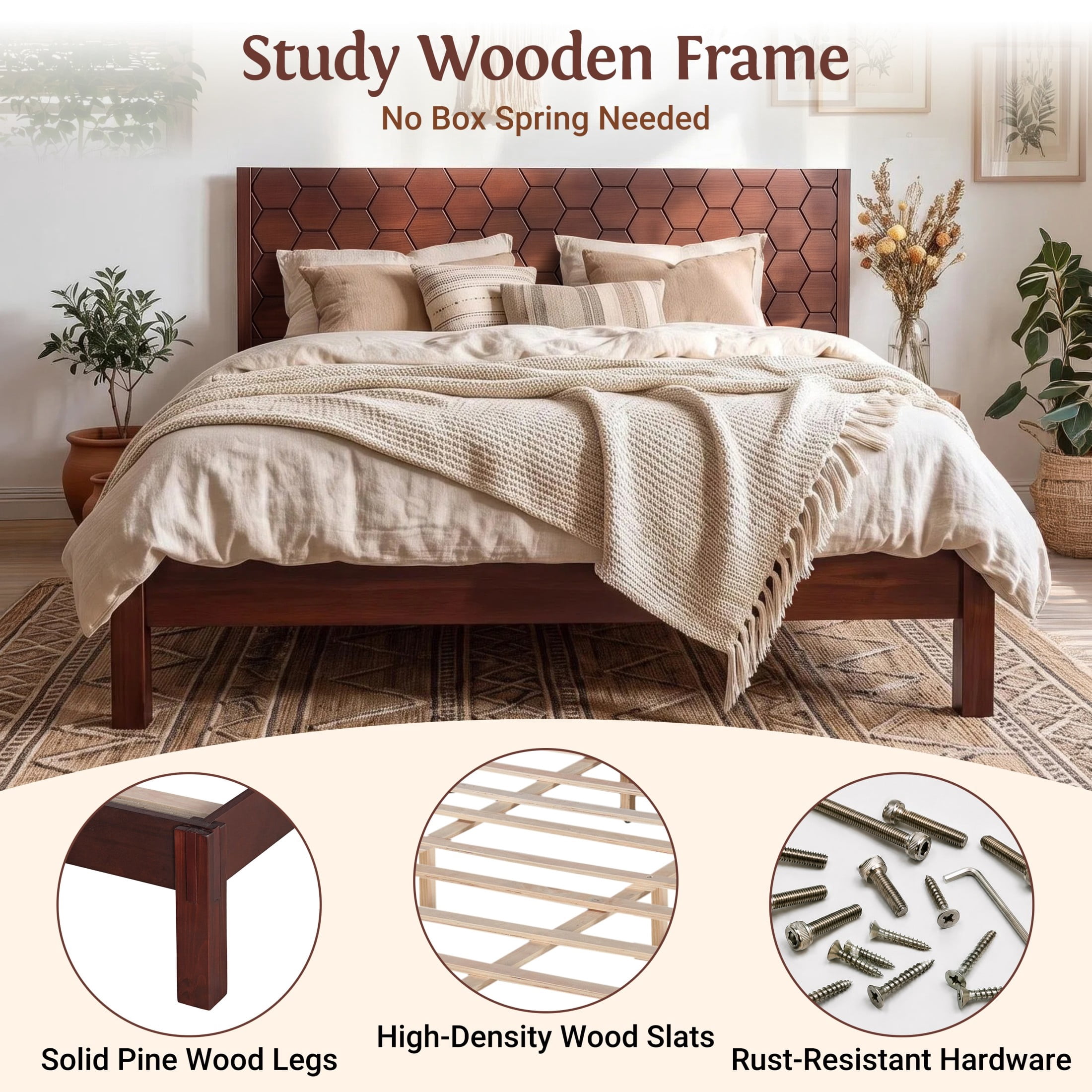 Christopher Knight Home Modern King Wooden Platform Bed Frame With Honeycomb Headboard, Walnut