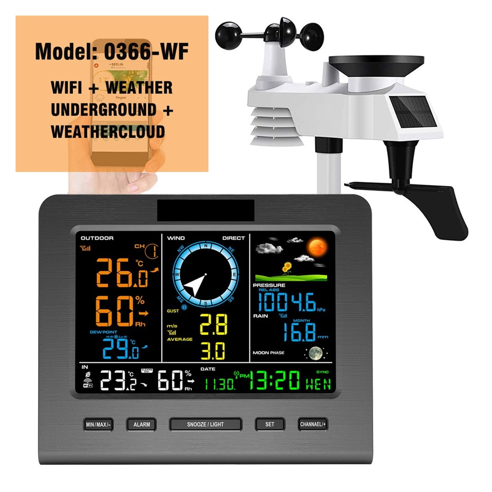 0366 Weather Station Outdoor Sensor Rain Gauge Weather Forecast Temperature Humidity Air Pressure Wind Gauge Moon Phrase ,Easy to Install