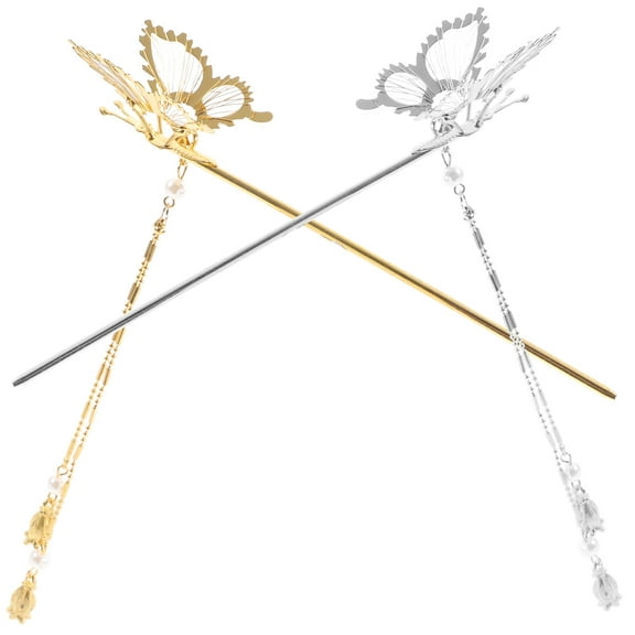 KONTONTY 2pcs Traditional Chinese Style Hair Accessories Butterfly Hair Sticks Metal Golden For Hanfu Wear