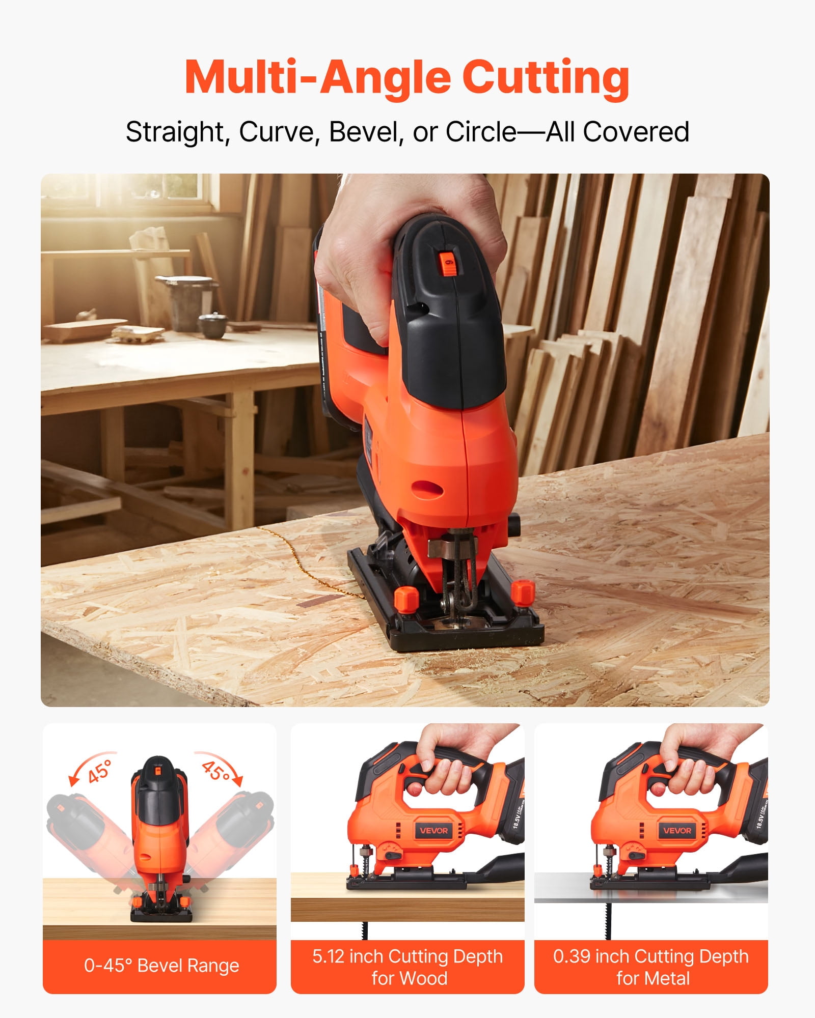VEVOR Cordless Jig Saw, 20 V, 3000 SPM Blade Speed, Cordless Jigsaw with Battery and Charger, LED Light, 6 Variable Speed, 0- 45° Bevel Cuts, with 6 pcs Blades, 4 Orbital Settings, for Wood, Metal