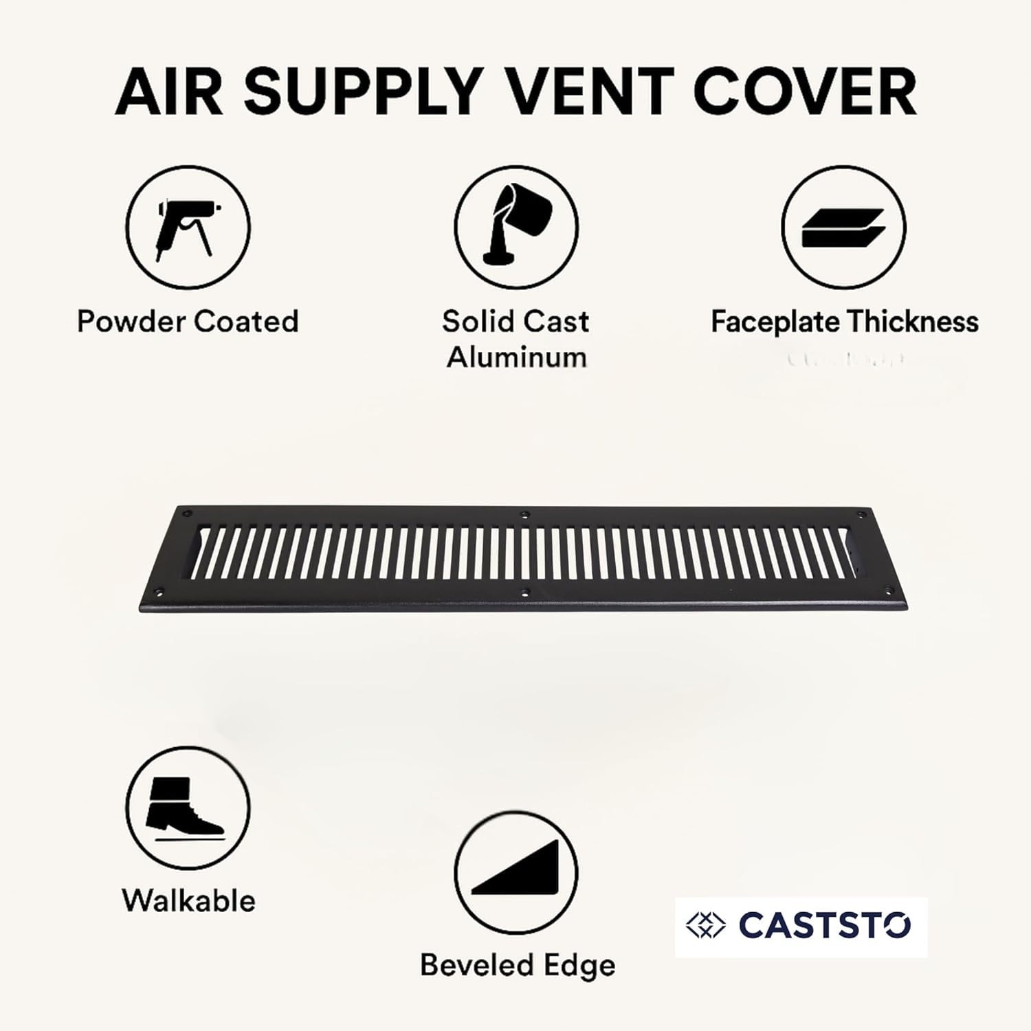 3"x24" Caststo Cast Aluminum Contemporary Design Air Return Grille | Overall 5"x26" |- Black- Rock (For Floor- Black without Screw Holes)
