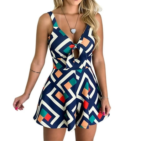 

FAFWYP Women s Summer Jumpsuits Casual Bandage Backless Sleeveless V Neck Bow Tunic Tummy Control Rompers Loose Floral Printed Stretchy Short One Piece Overalls