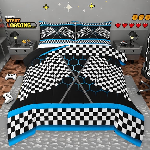 Erosebridal Gradient Blue Honeycomb Bedding Twin Comforter Set, Sports Car Flag Down Comforter,Youth Teens Gamebedding Sets Twin With Comforter,Ultra Soft Room Decorative,2 Pieces Reversible