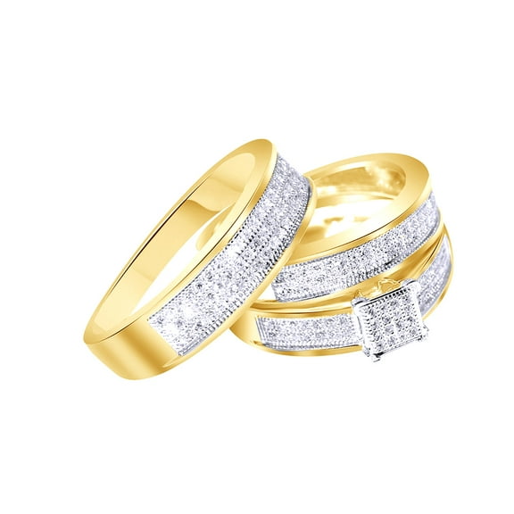 AFFY White Natural Diamond Engagement & Wedding Trio Band Ring Set In 10k Yellow Gold (0.38 Cttw)