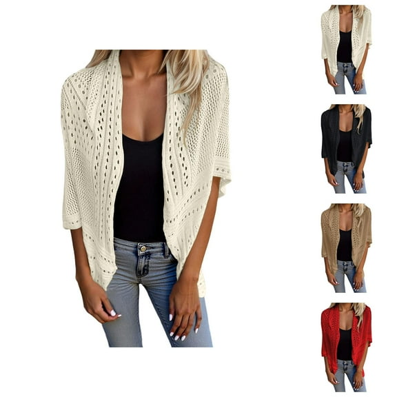 Women's Knitted Cardigan Fashionable Hollow Out Short Sleeve Sweater Lightweight Comfortable Casual Spring Fall Outerwear Trendy Loose Fit Yarn Pullover Cardigan Sweaters for Women