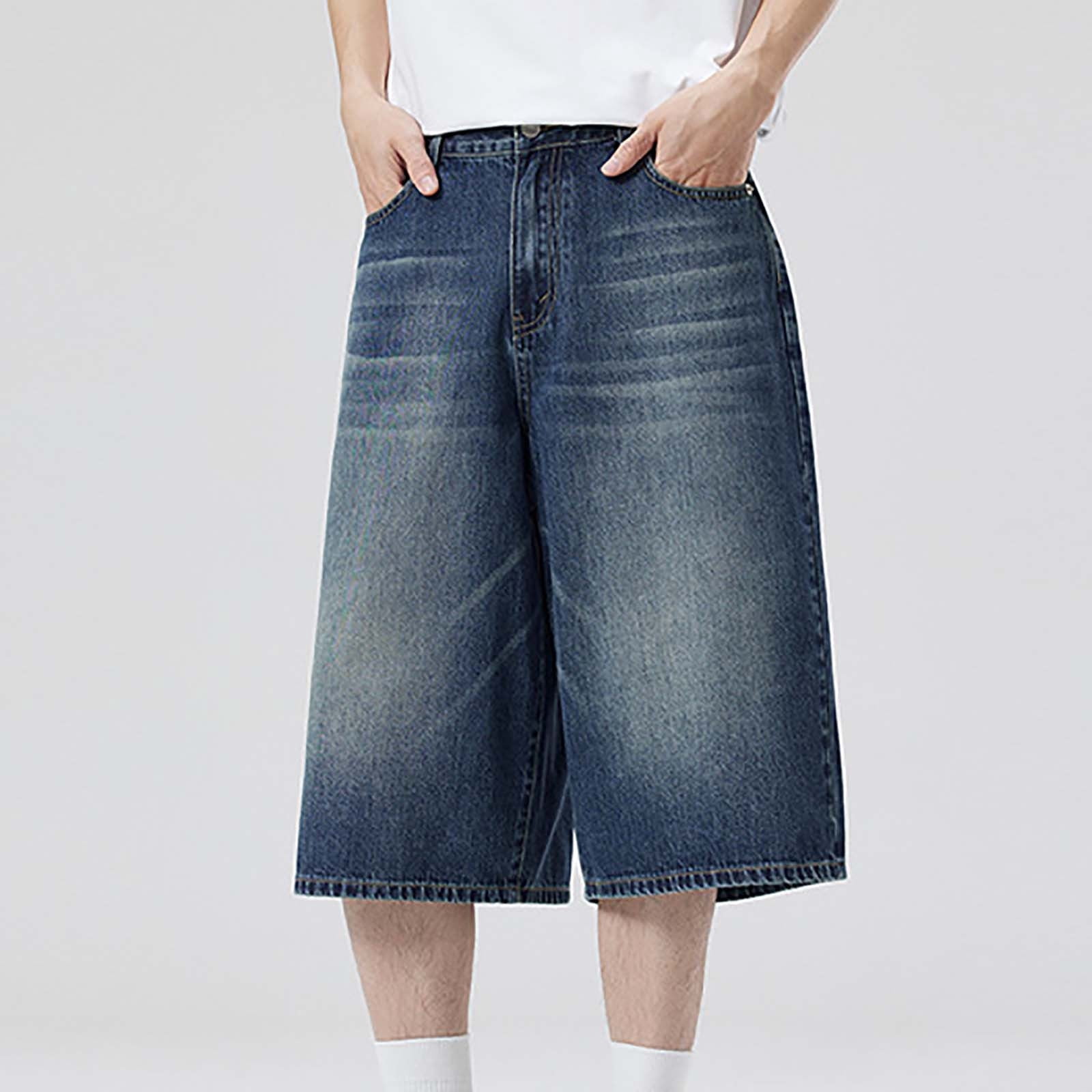 Mens Baggy Jean Shorts Loose Fit Long Denim Shorts Vintage Washed Below Knee Jorts Streetwear Hip Hop
