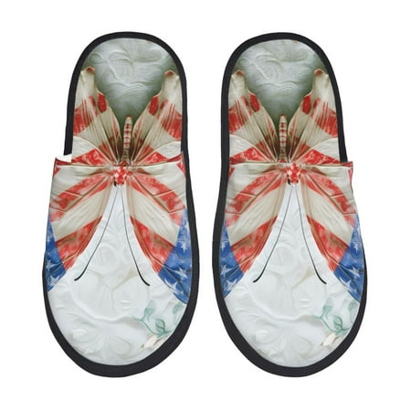 Balery Patriotic Butterfly Floral Slient Indoor Furry Fleece Comfort House Shoes Soft Non-Slip Home Shoes Cotton slippers House Slippers-- Medium