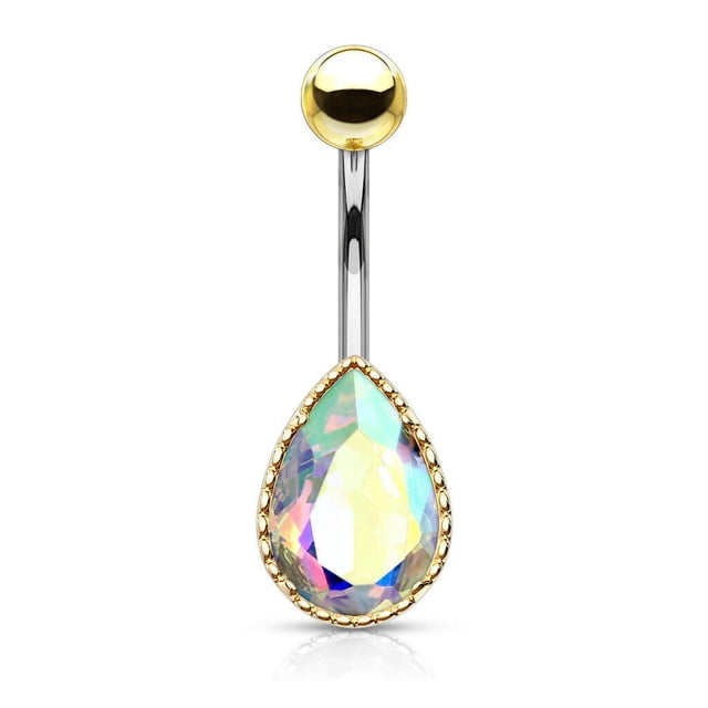 Belly Button Ring with AB Effect Tear Drop Glass Stone 14ga Surgical Steel Sold