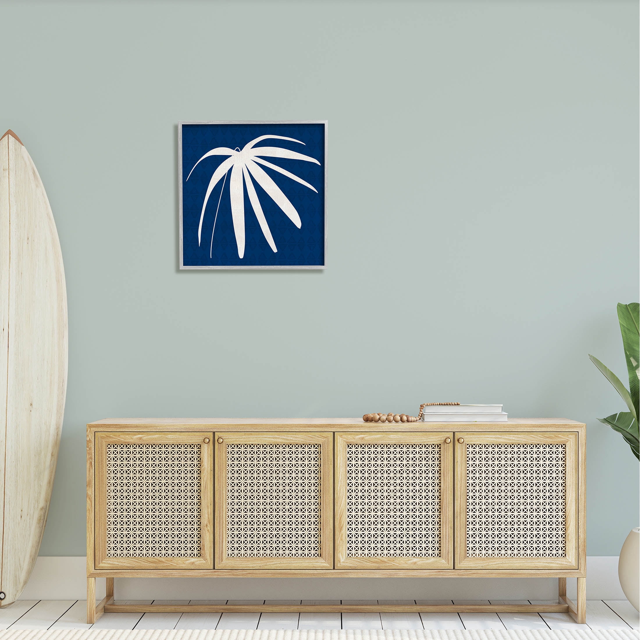 Stupell Industries Modern Plant Leaf Blue Palm Graphic Art Gray Framed Art Print Wall Art, Design by Susan Jill