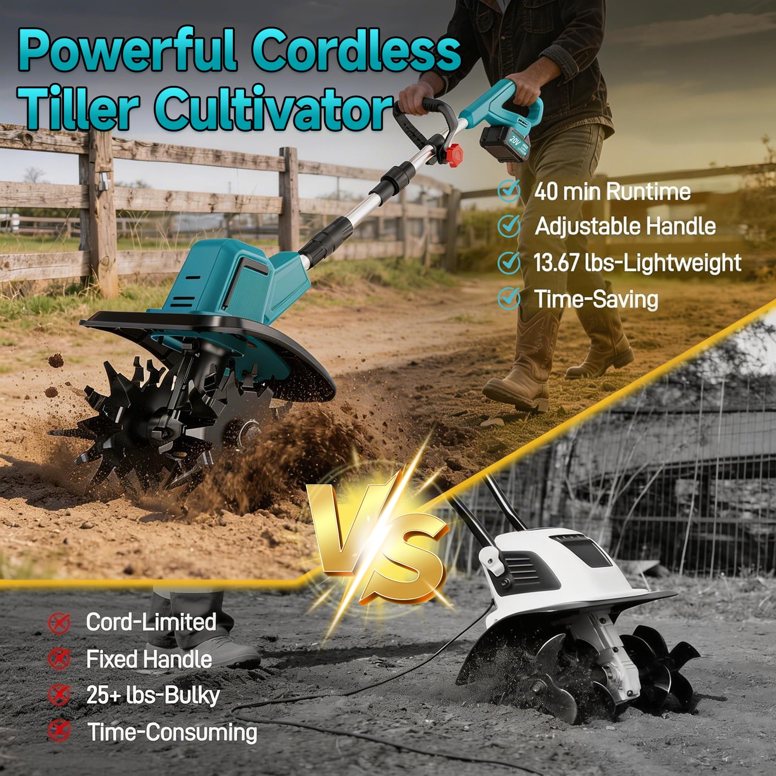 20V Cordless Electric Tiller, 10-inch Garden Cultivator, 360RPM, Lightweight Labor-saving, 4.0Ah Battery & Fast Charger
