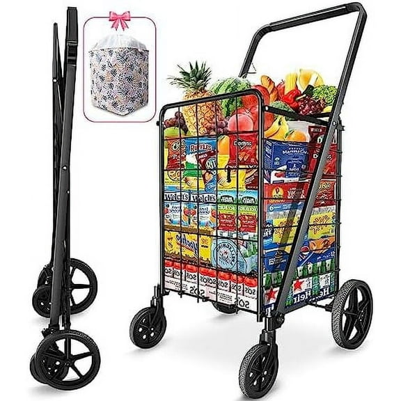 Folding Shopping Carts for Groceries,27GAL/220lb,Grocery Cart with 360° Rolling Swivel Wheels, Collapsible Rolling cart,Portable Utility Cart with Shopping Liner for Laundry Luggage Office