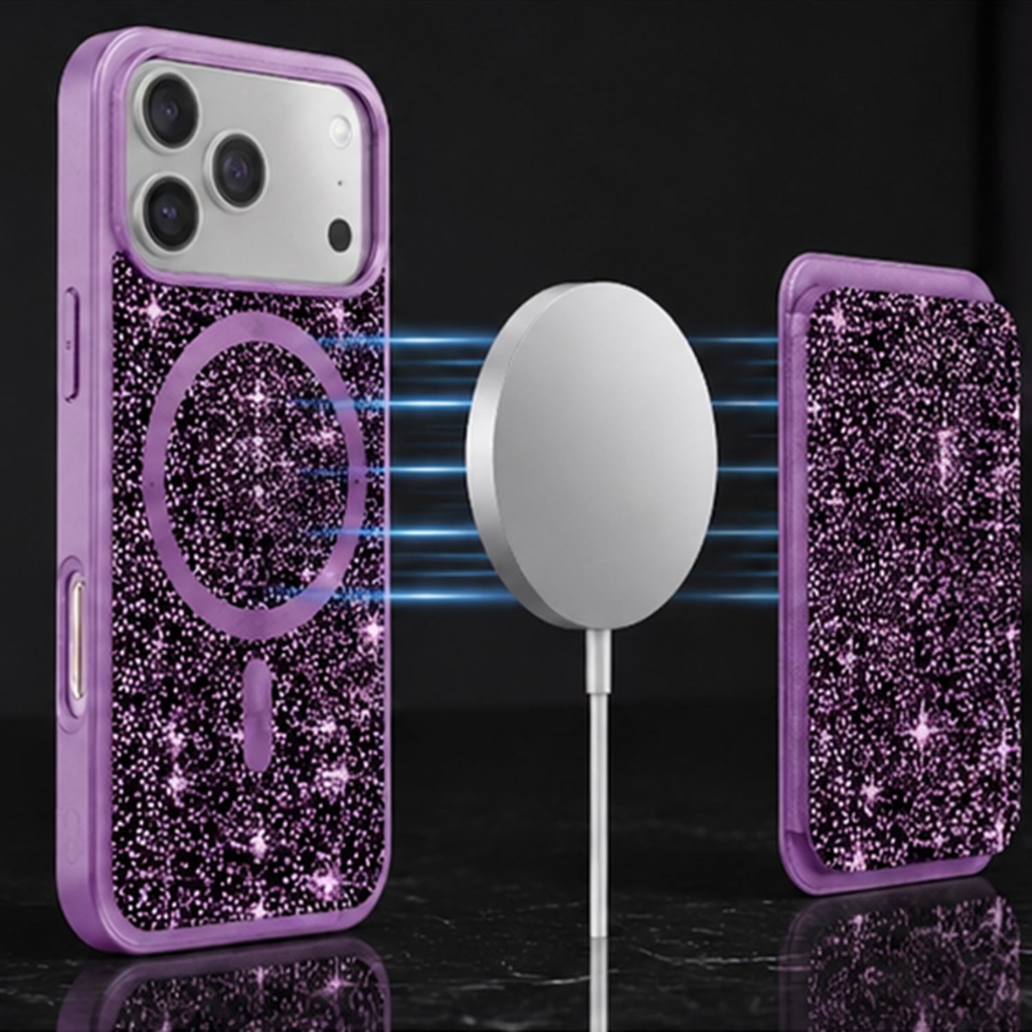 Heavy-Duty Magnetic Diamond Wallet Case for iPhone 17 Pro Max - Purple