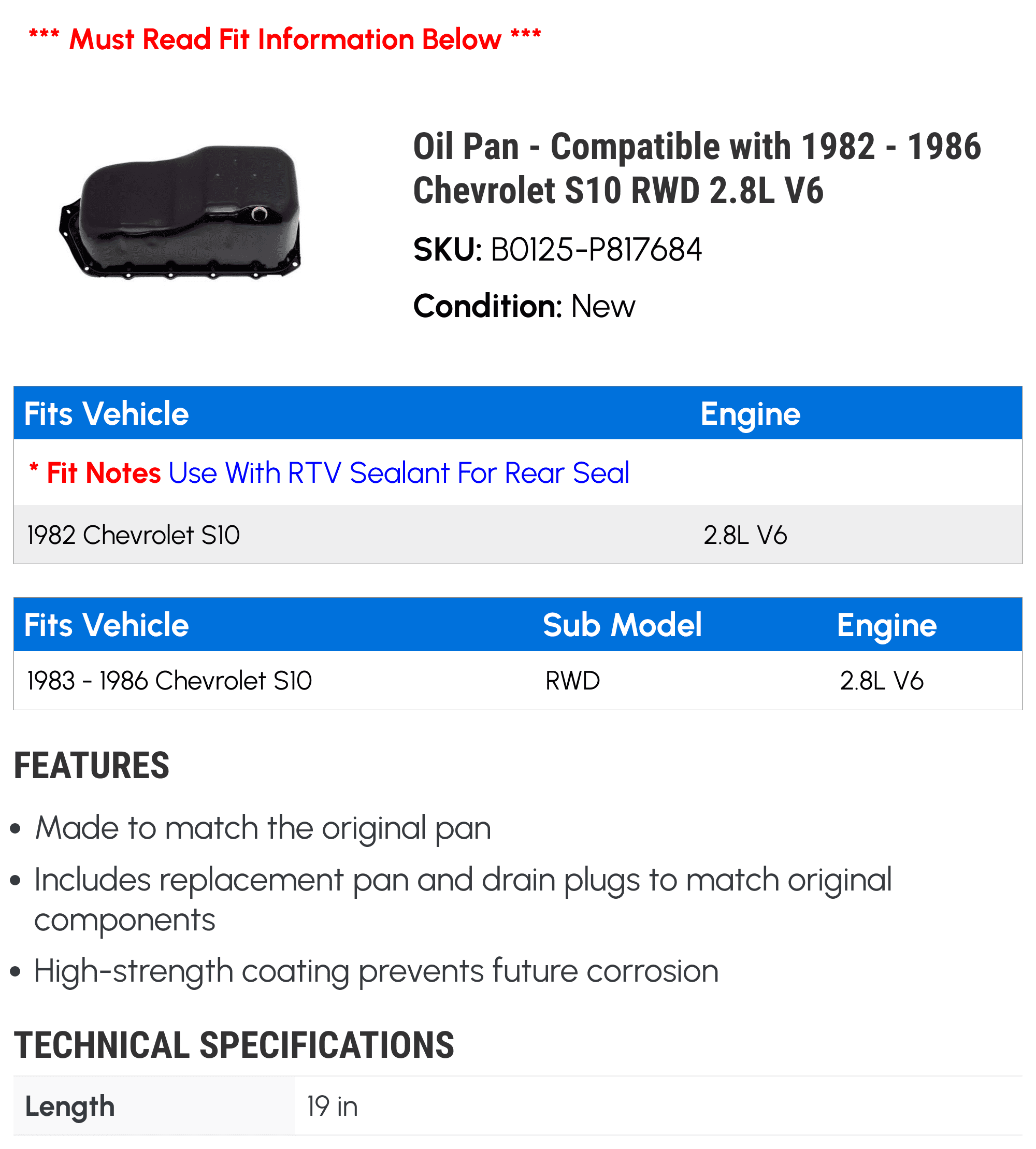 Oil Pan - Compatible with 1982 - 1986 Chevrolet S10 RWD 2.8L V6 - Dorman