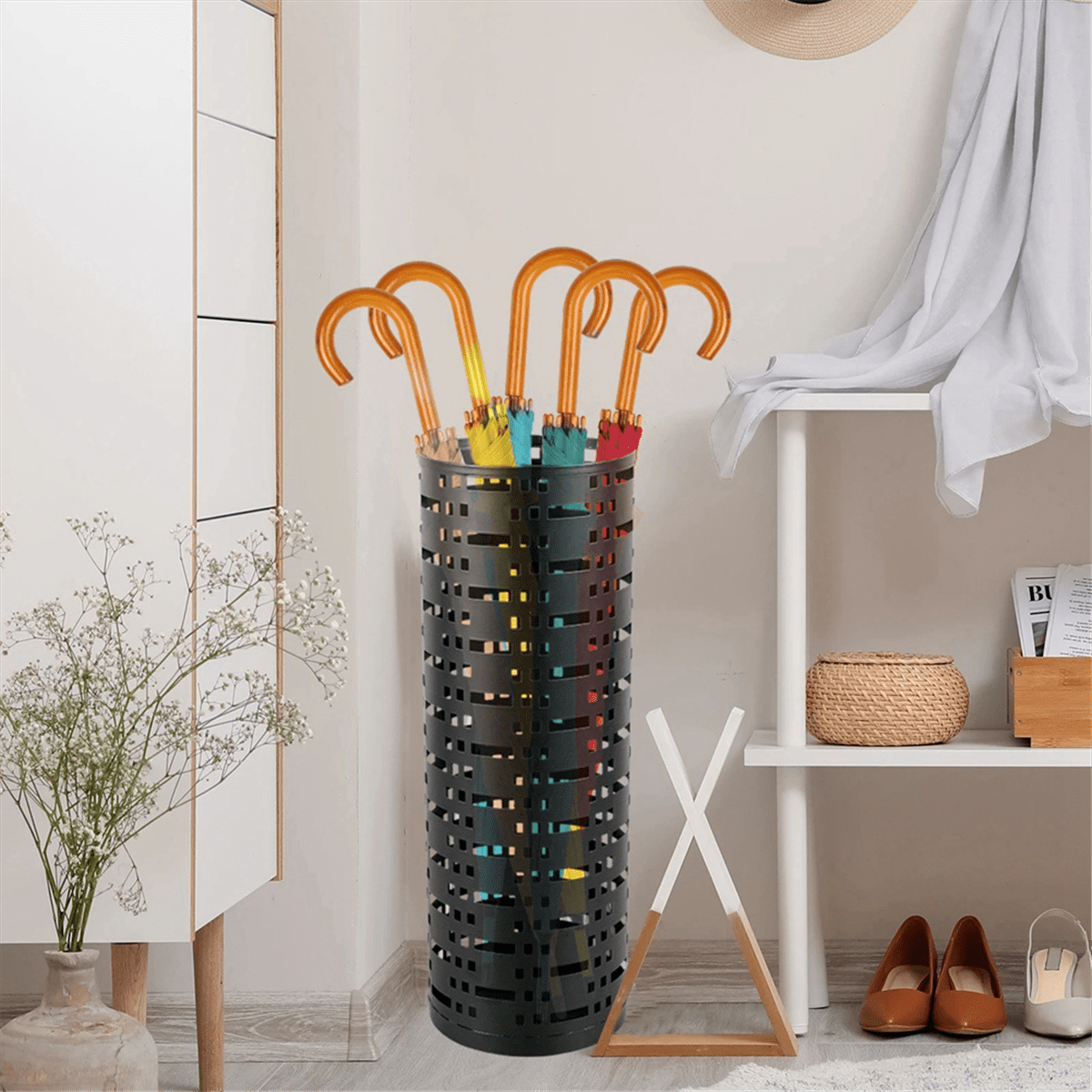 Umbrella Storage Rack Umbrella Standing Holder Box Hollow Storage Bucket, White