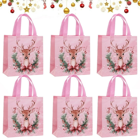 KOYPTL 6 Pcs Christmas Gift Bags with Handles Pink Non-Woven Christmas Treat Bags Reusable Holiday Tote Bag for Gifts Wrapping Xmas Party Favors Supplies,Gift Packaging Bag(Reindder 9"x8.7"x4.3")