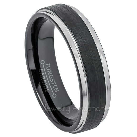 2-Tone Tungsten Wedding Ring - Band for Mens & Womens- 6mm Stepped Edge Tungsten Ring - Black IP Tungsten Band