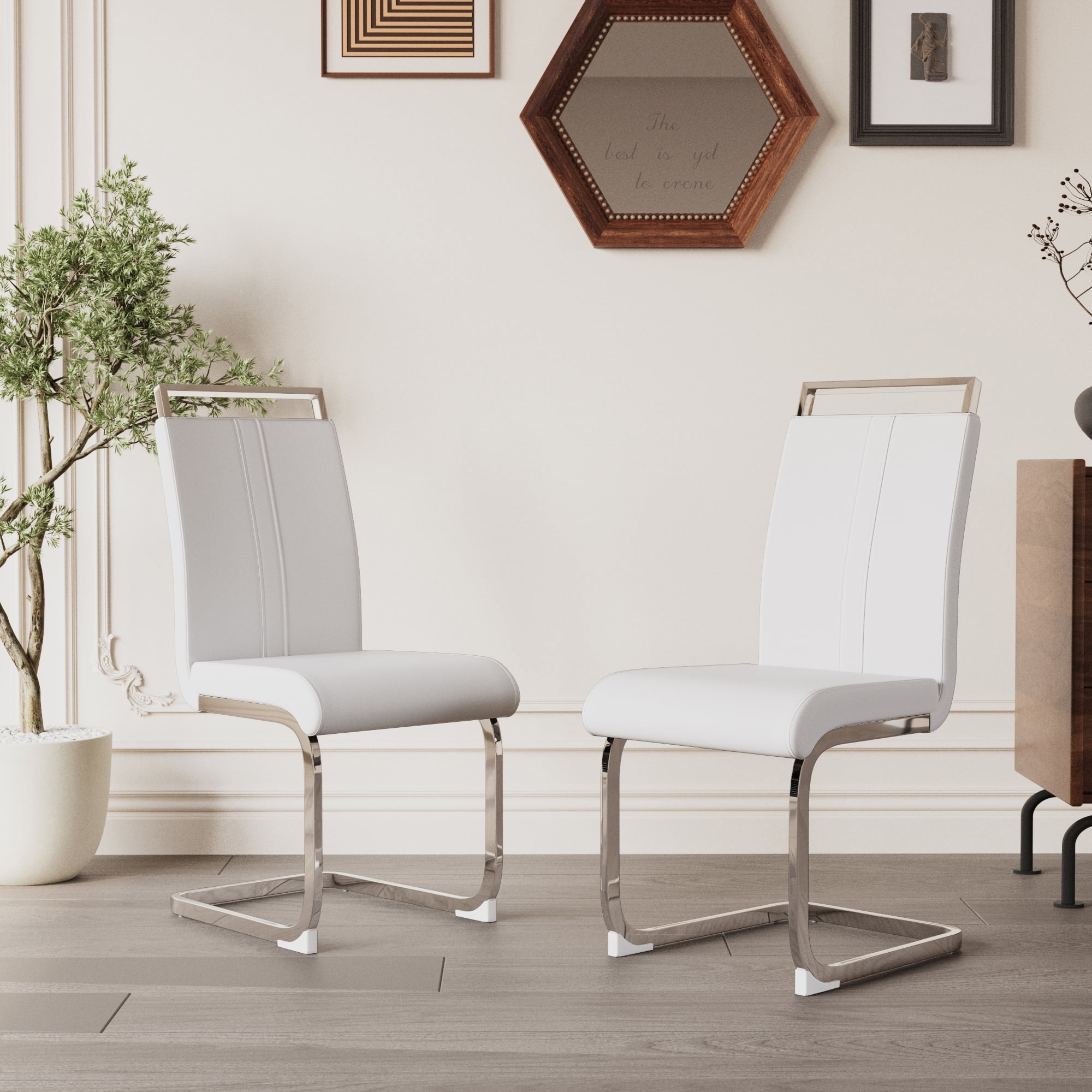 Dining Chairs Set of 2 PU Leather High Back Upholstered Chairs with Gold Metal Legs for Home Kitchen Dining Room Patio, White