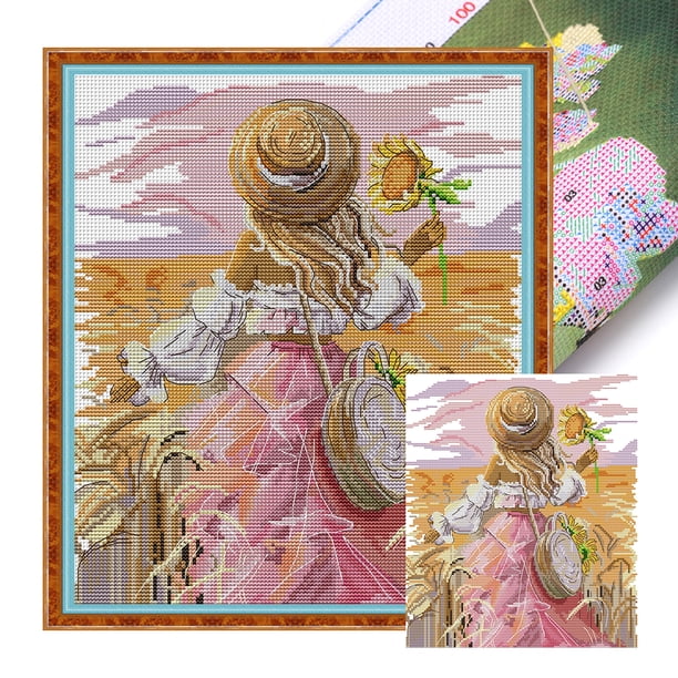 (RA483) Hilo Algodón Ecológico Bordado 11CT 3 Hebras Impresión 38*43cm Kit Serie Personajes Punto Cruz Niña Girasol (borde Gancho)