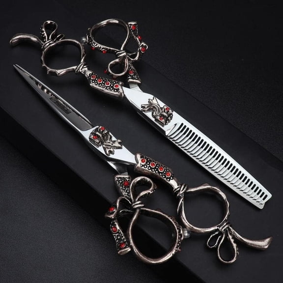 Professional 6-Inch Ornate Hair Cutting Shears Set, Premium 440C Japanese Stainless Steel Barber Scissors with Filigree Handles, Vintage Style Texturizing Thinning Shears for Salon and Home, Silver