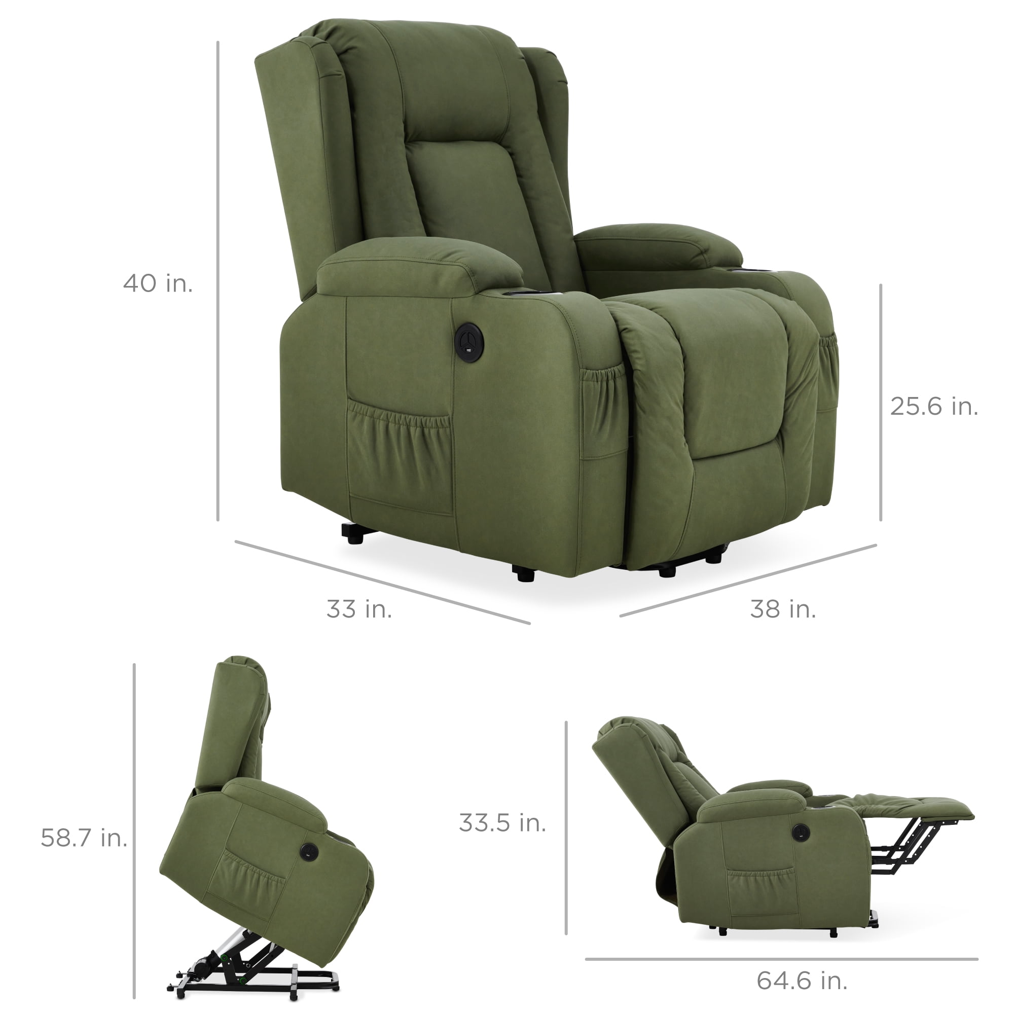 Best Choice Products Electric Power Lift Recliner Massage Chair Furniture w/ USB Port, Heat, Cupholders - Olive