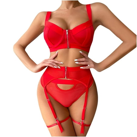 

YYDGH Garter Lingerie for Women Zipper Underwired Bra and Mash Panty Sets Nightwear Red L