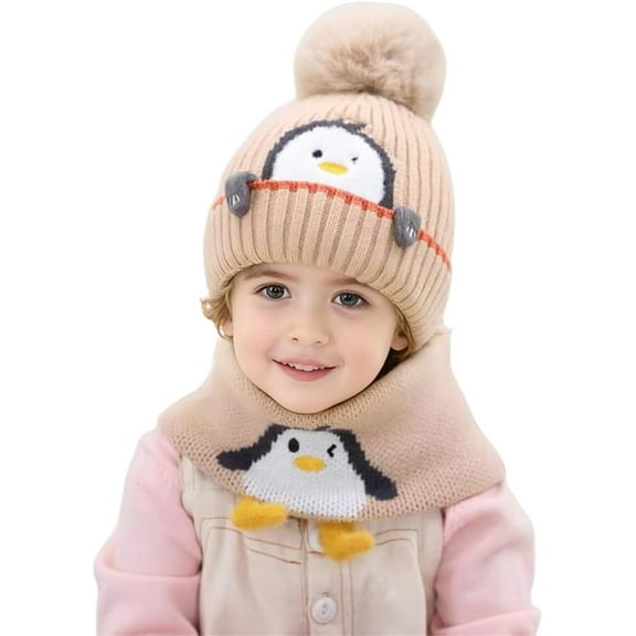 Toddler Winter Knit Beanie Hat Scraf Set, Cute Cartoon Penguin Soft Warm Infant Hat with Pompom for Baby Boys Girls 1-3 Years