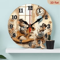 2D Flat 1pc 10Inch Wooden Whimsical Mouse Wall Clock - Non-Ticking Wooden Round Clock with Vintage Charm Design, 25cm for Living Room, Bedroom, Kitchen, Entryway, Office - AA Battery Operated