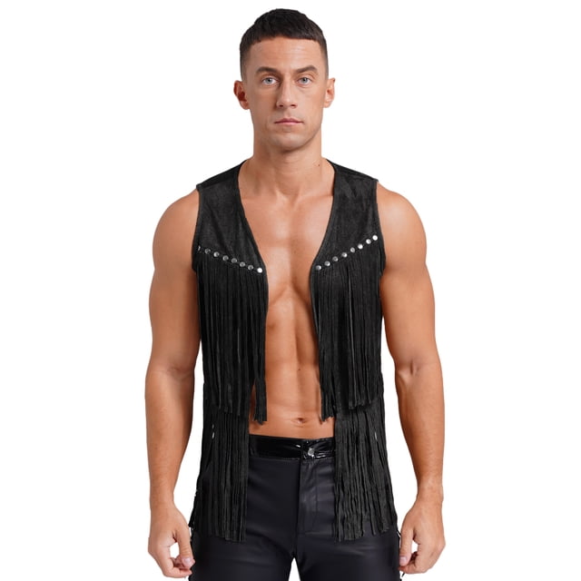 Raenseen Men Fringe Vest Studded Detail Open Front 70s Hippie Suede Jacket Cowboy Western Tassel Black XXL