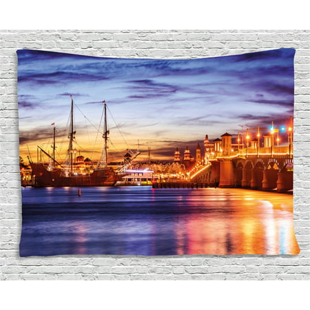 United States Tapestry, St. Augustine Florida Famous Bridge of Lions Dreamy Sunset Majestic, Wall Hanging for Bedroom Living Room Dorm Decor, 60W X 40L Inches, Orange Blue Coral, by