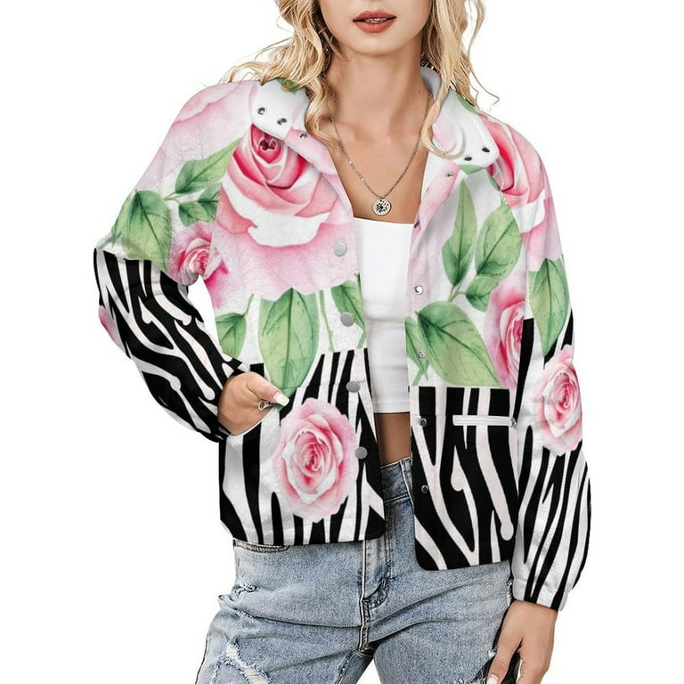 Rose And Zebra Print Pattern Warm Women's Plush Jacket Stand Collar Full  Sleeve With Zipper Loose Female Jackets - Main Image
