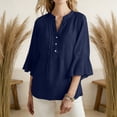 thumbnail image 2 of Ecqkame Womens Linen Tops Dressy Business Casual Ruffle 3/4 Sleeve Summer V-Neck Solid Color Blouses with Buttons Navy M, 2 of 7