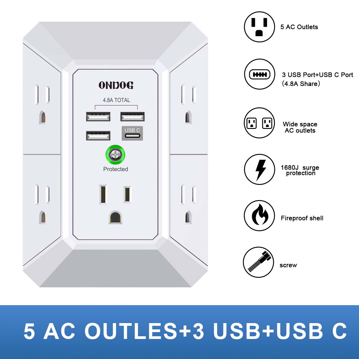 Ondog 5-Outlet Surge Protector with 4 USB Ports photo 3