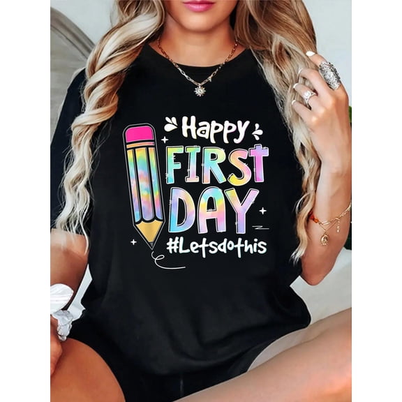 Happy First Day Let's Do This Welcome Back To School Tie Dye T-Shirt casual short sleeve crew neck cotton tee tops for women