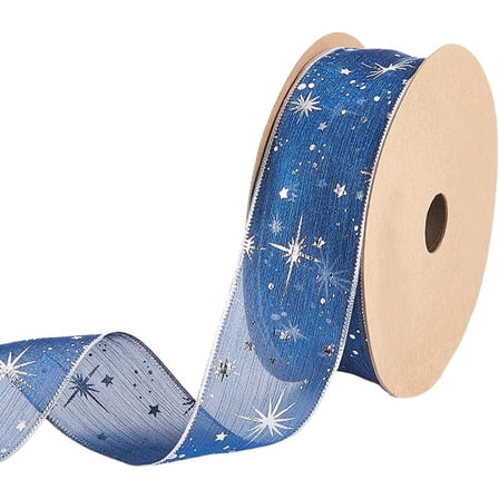 1 5/8 Inch 20 Yards Blue Star Printed Sheer Chiffon Trim Glitter Stars Pattern Transparent Organza Polyester Fabric Ribbon for Sewing Making Gift Wrapping Party Home Decoration DIY Crafts Blue