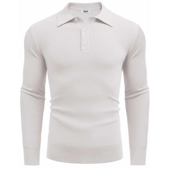 COOFANDY Mens Knit Polo Shirts Long Sleeve Casual Polo Sweaters Shirt Waffle Textured Collared Sweater White L
