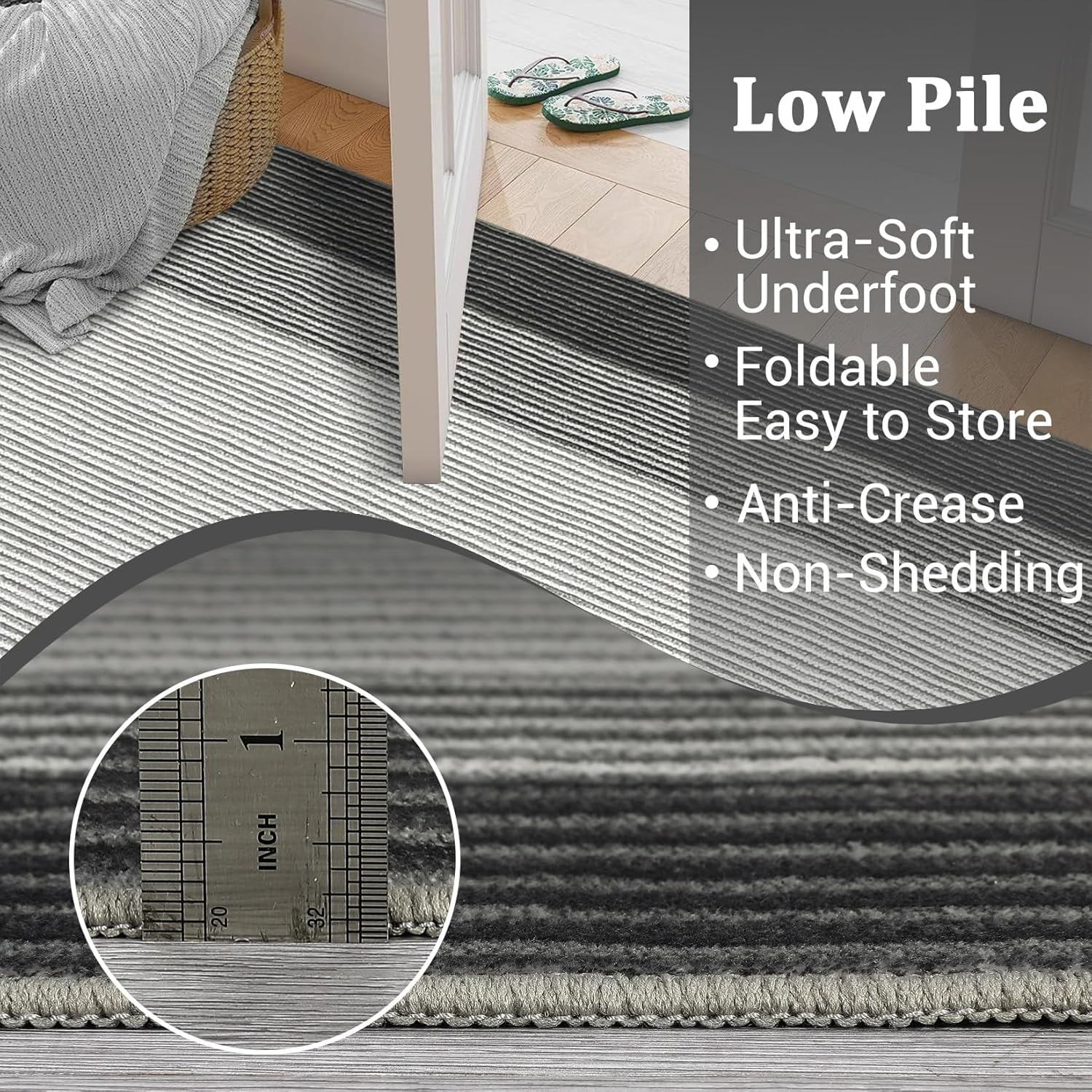 9x12 Area Rug Washable Rug Solid for Living Room, Large Non-Slip Non Shedding Bordered Modern Neutral Rug, Low Pile Foldable Printed Nursery Carpet for Bedroom, Dining Room, Black/Gray