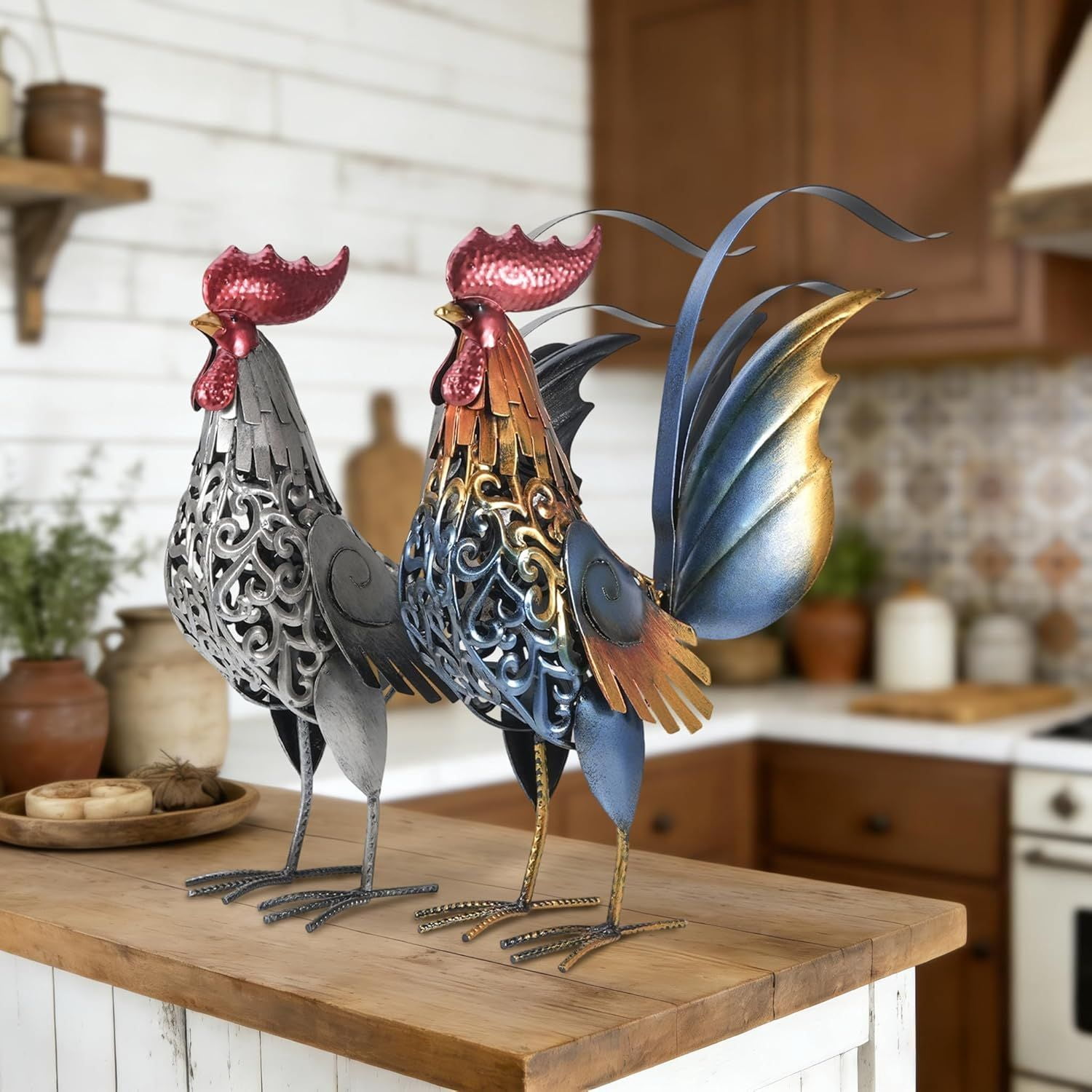 18" Metal Rooster Garden Statues Set of 2 Iron Yard Art Decor for Patio Lawn Backyard Farmhouse